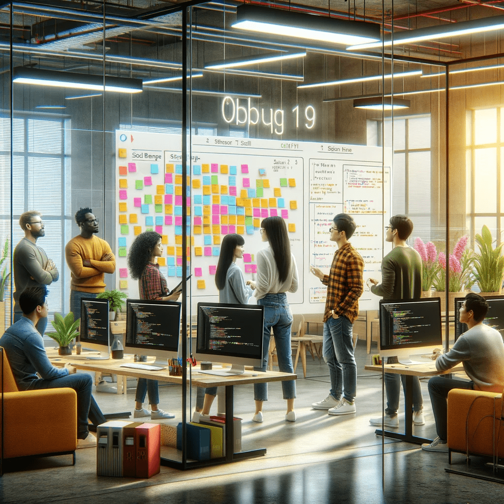 A creative office environment that visually embodies the principles of Agile culture, with a diverse group of software developers engaged in a stand-up meeting. Include an East Asian female, a Black male, and a White male, all casually dressed, using a large glass wall covered in colorful sticky notes to track their progress. Desks with multiple monitors showing code, and a relaxed lounge area with a whiteboard filled with diagrams and flowcharts, suggesting a collaborative and adaptive workspace. The atmosphere should be dynamic yet focused, illustrating a high-energy, team-oriented, and innovative setting.